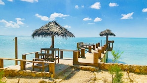 A wooden pier leading to a beach with thatched umbrellas and a clear view of the ocean. - ONE OF A KIND PROPERTY! Breathtaking Views, Ocean Breezes, Huge Dock, Peaceful (Georgetown)