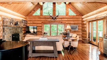 TV connectée, cheminée, lecteur de DVD, table de tennis de table