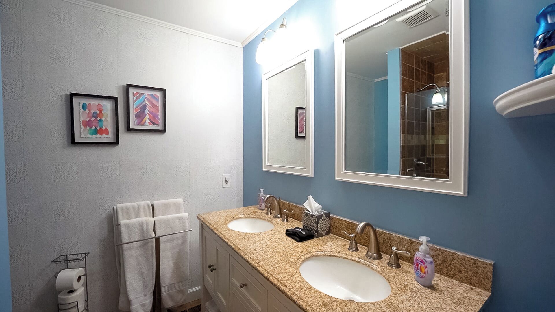 A bathroom with two sinks, a mirror, and a towel rack.