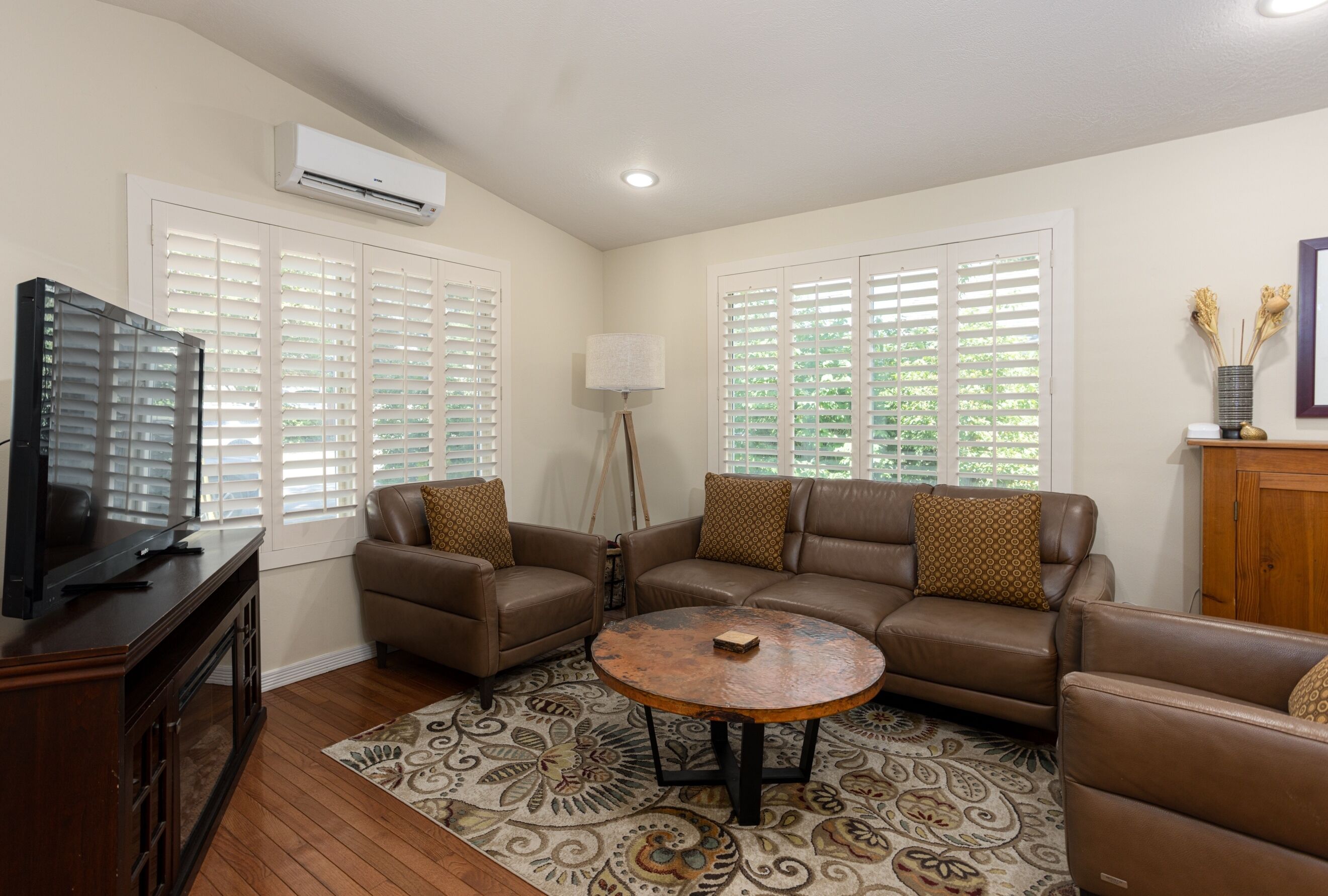 Smart TV, caminetto, libri