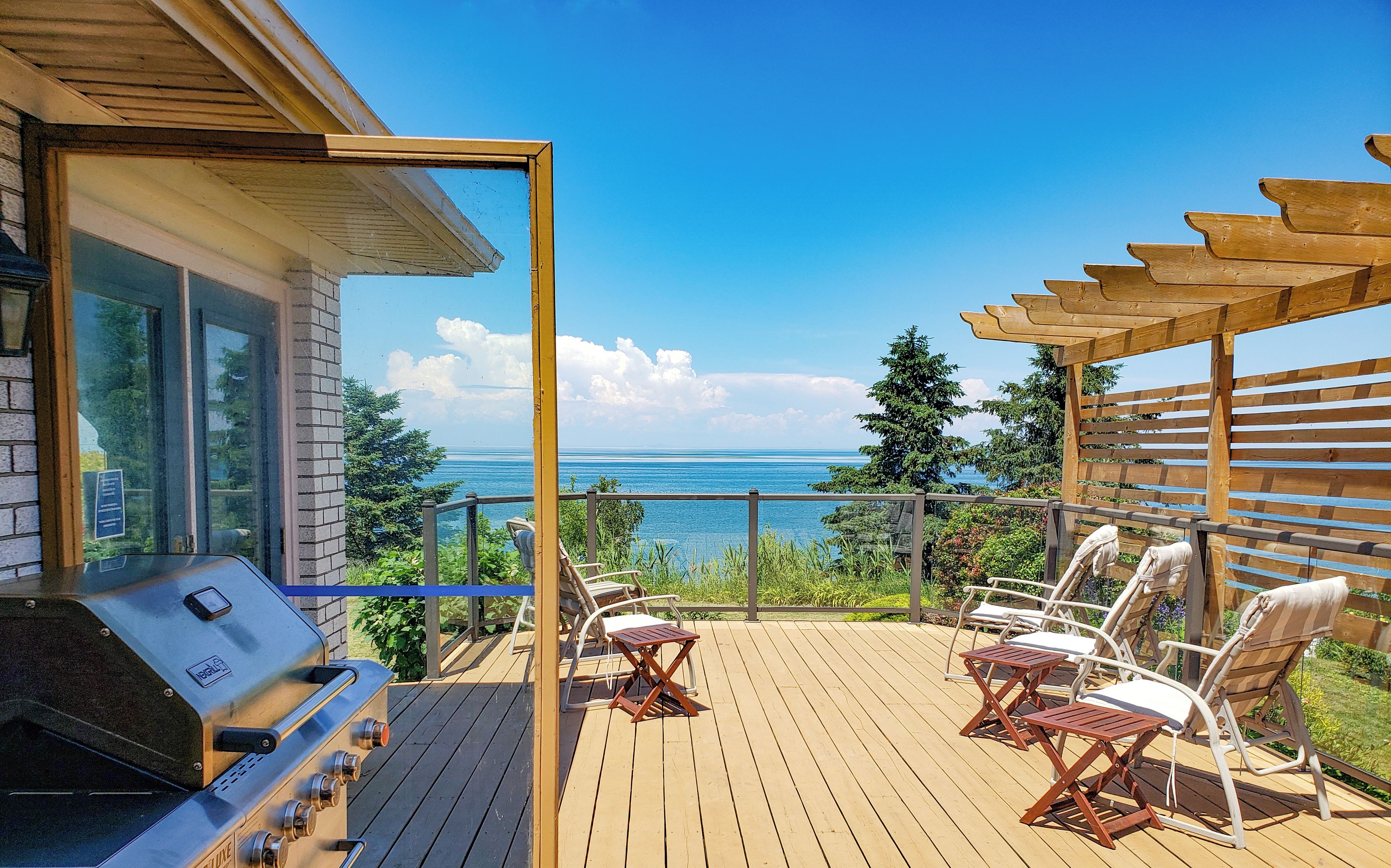 An upper deck with a BBQ and views of the ocean.