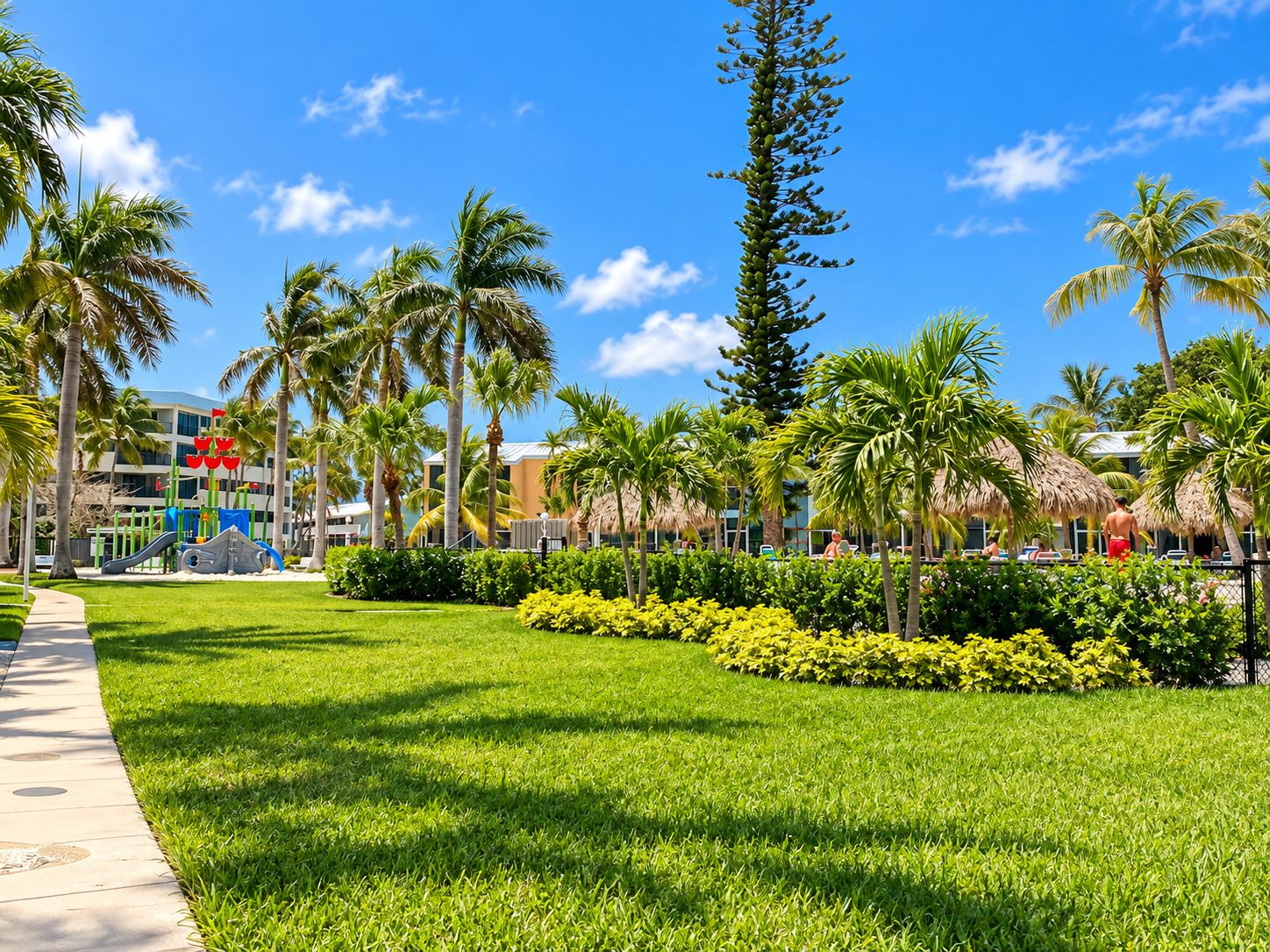 A well-maintained grassy area with palm trees and a playground.