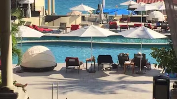 A beachside restaurant with outdoor seating, umbrellas, and a view of the sea and a rocky island. - Spectacular View and Luxury Condo - Pet Friendly - Weekly & Monthly discounts  (Cabo San Lucas)