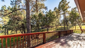 A wooden deck with a railing overlooking a forested area.
