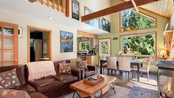 Smart TV, fireplace, DVD player, books