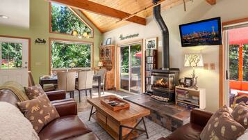 Smart TV, fireplace, DVD player, books