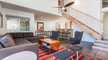 Télévision à écran plat, cheminée, lecteur de DVD, vidéothÚque