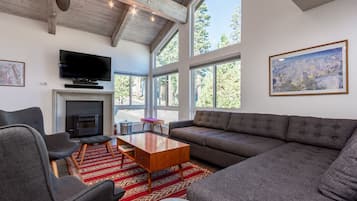 Télévision à écran plat, cheminée, lecteur de DVD, vidéothÚque