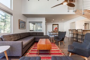 Flat-screen TV, fireplace, DVD player, video library