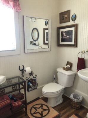 Une salle de bain avec des toilettes, un lavabo et un miroir. Les murs sont ornés de tableaux encadrés et un tapis à motifs étoilés recouvre le sol.