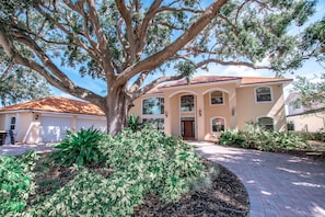 A two-story house with a large tree in front, a brick driveway, and a well-maintained garden.