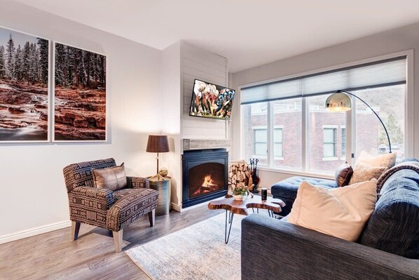 TV, fireplace, offices