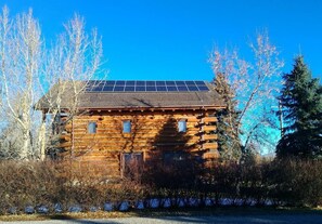 A log cabin with a solar panel roof, surrounded by trees and shrubs.