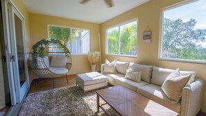 Smart TV, fireplace, video games, DVD player