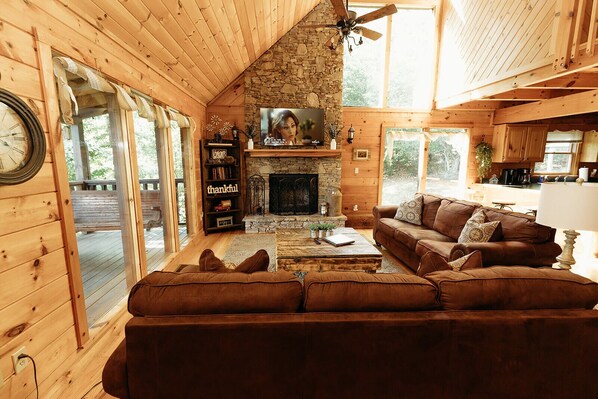 Smart TV, fireplace, video games, DVD player