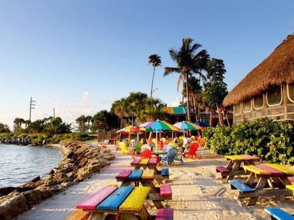 Plage à proximité, chaises longues, serviettes de plage