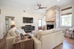 Smart TV, fireplace, DVD player, video library