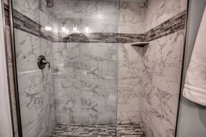 Shower, towels, soap, shampoo