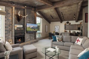 Flat-screen TV, fireplace