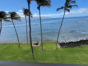 On the beach, sun loungers, beach towels