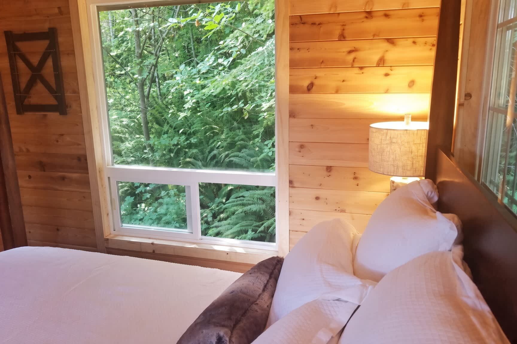 Ein Zimmer in einer Holzhütte mit einem Bett, einem Fenster mit Blick auf Bäume und einer Lampe auf einem Nachttisch.