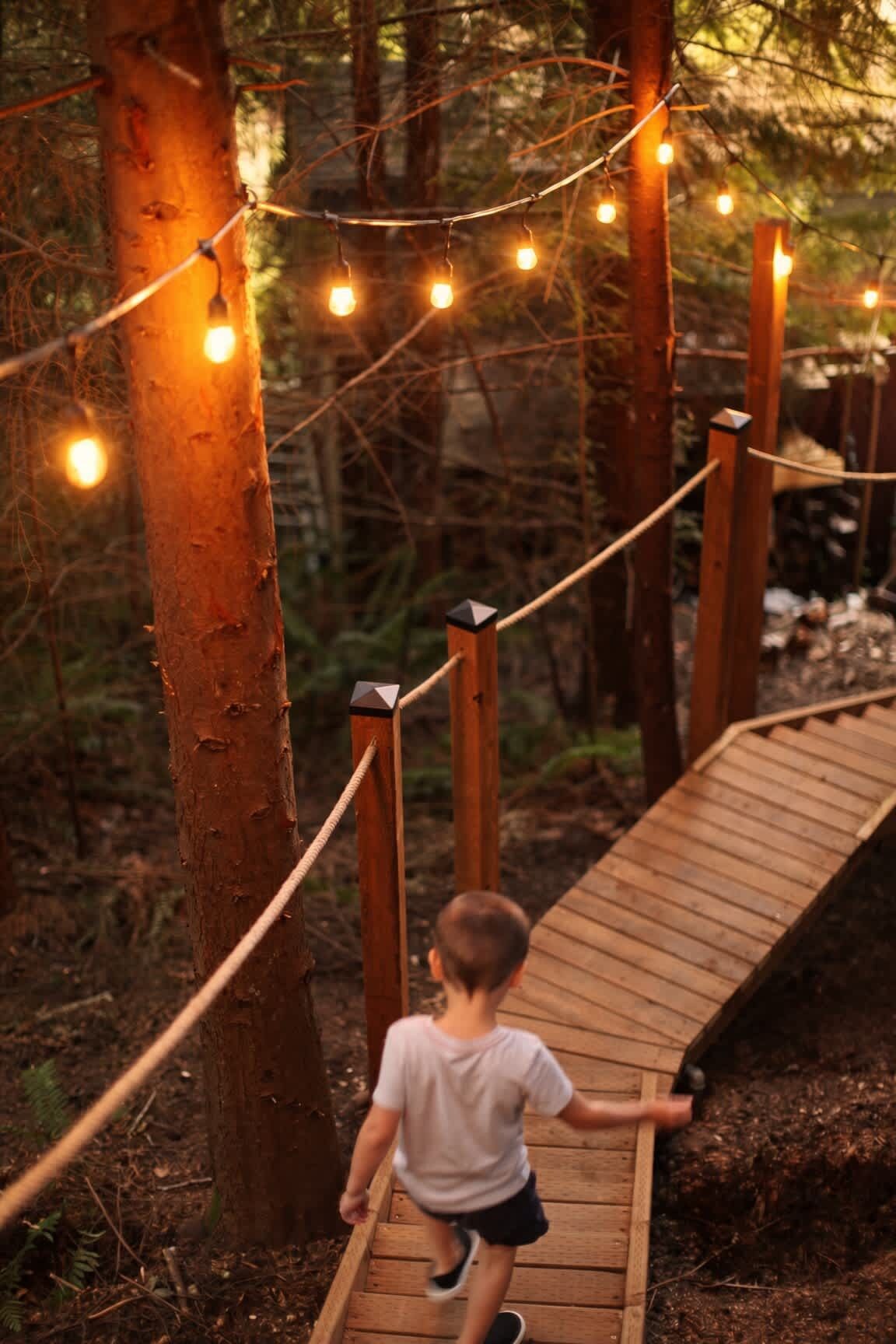 A wooden bridge in a forest with string lights.