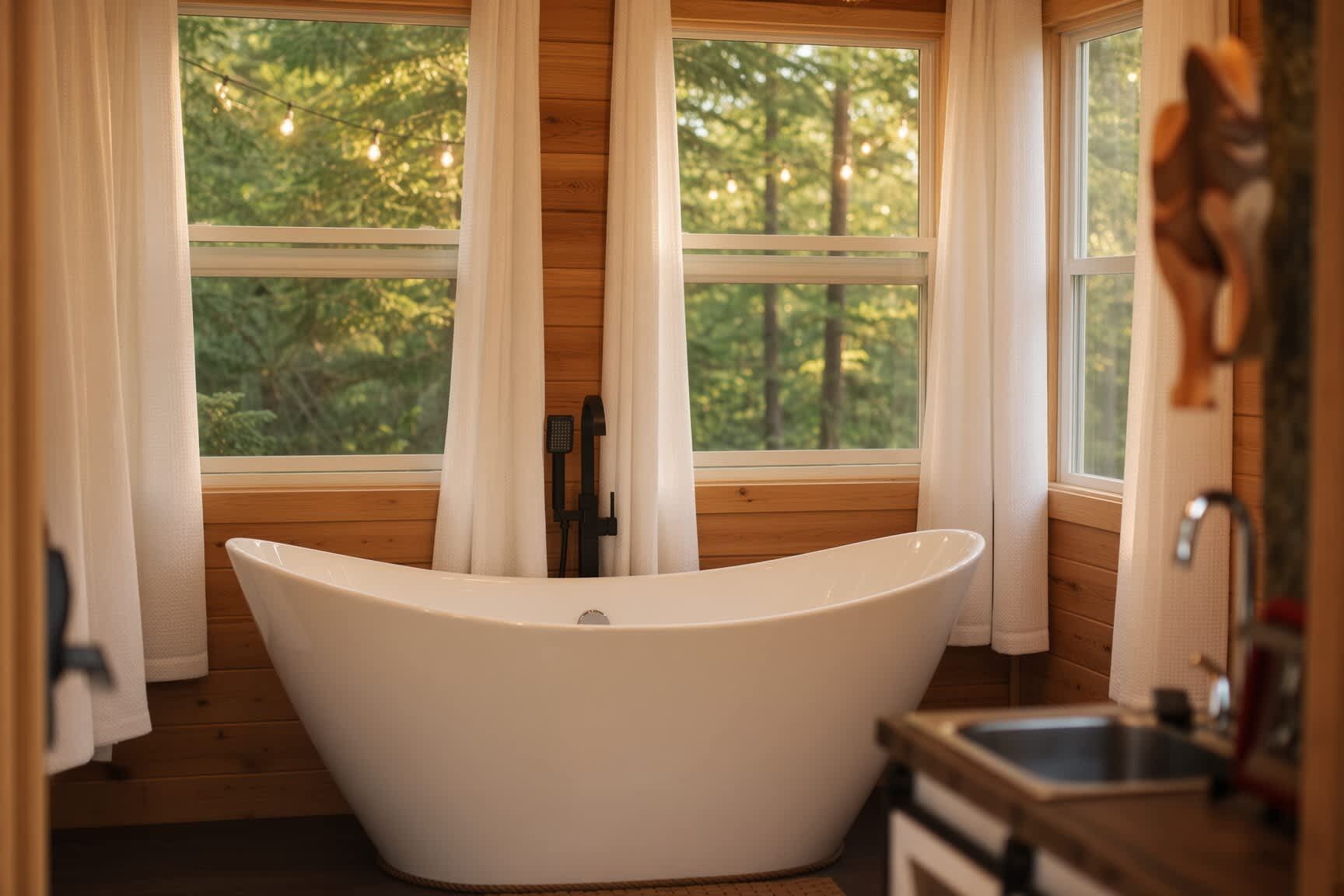 Une baignoire sur pied dans une pièce aux murs en bois et aux grandes fenêtres, avec une douche et un lavabo.