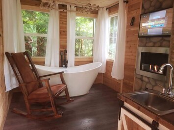 Main living space with tub and fireplace