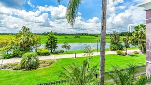 Vista de um parque bem cuidado, com lago, palmeiras e um caminho.