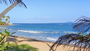 A beach with clear blue water, sandy shore, and palm trees. - pvCouple Escape, Spacious, Close to Dining, Tennis, Poolside, & Near to Beach (Humacao)