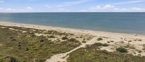 A beach with a clear view of the ocean, sandy terrain, and sparse vegetation.