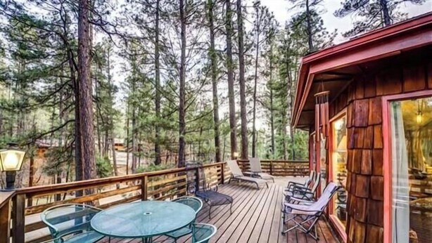 Una terraza de madera con muebles de exterior, rodeada de árboles altos.