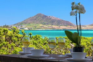 A table set with wine glasses and a potted orchid, overlooking a coastal view with a mountain in the distance.