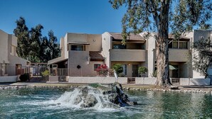 Un quartier résidentiel avec une piscine, un oiseau perché sur un rocher et un arbre.