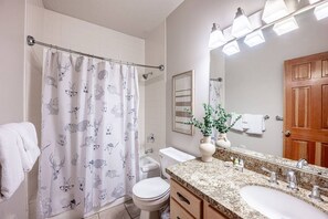 Suihkun ja ammeen yhdistelmä, hiustenkuivaaja, pyyhkeet, saippua