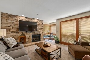 Télévision, cheminée, espaces bureaux