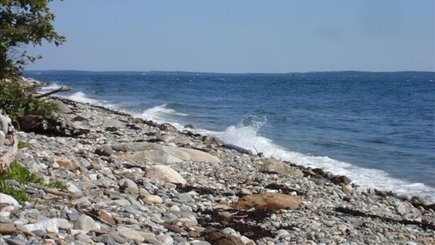 Uma costa rochosa com ondas quebrando na praia, céu claro e terra visível ao longe.
