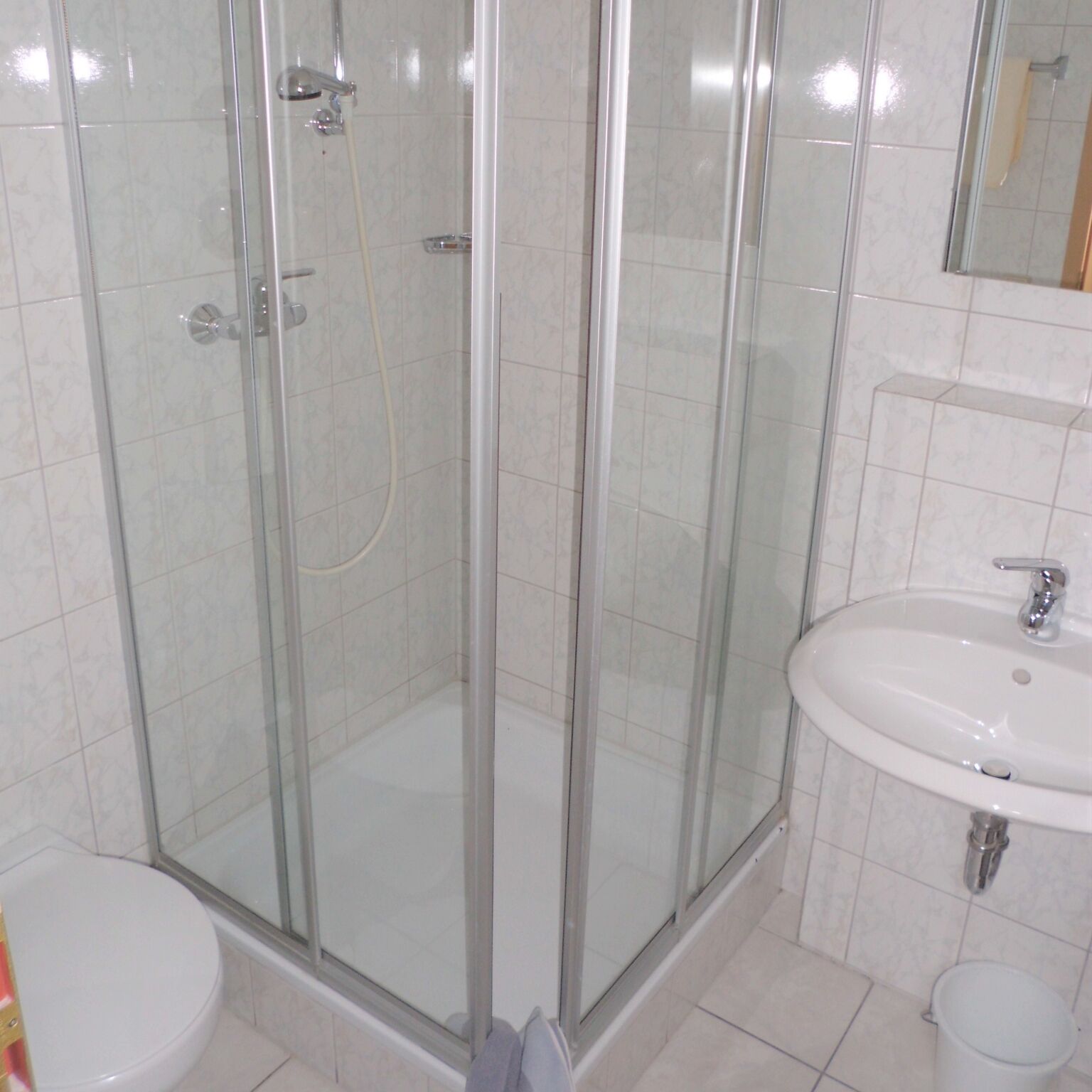 A bathroom with a glass-enclosed shower, a white sink, and a toilet.