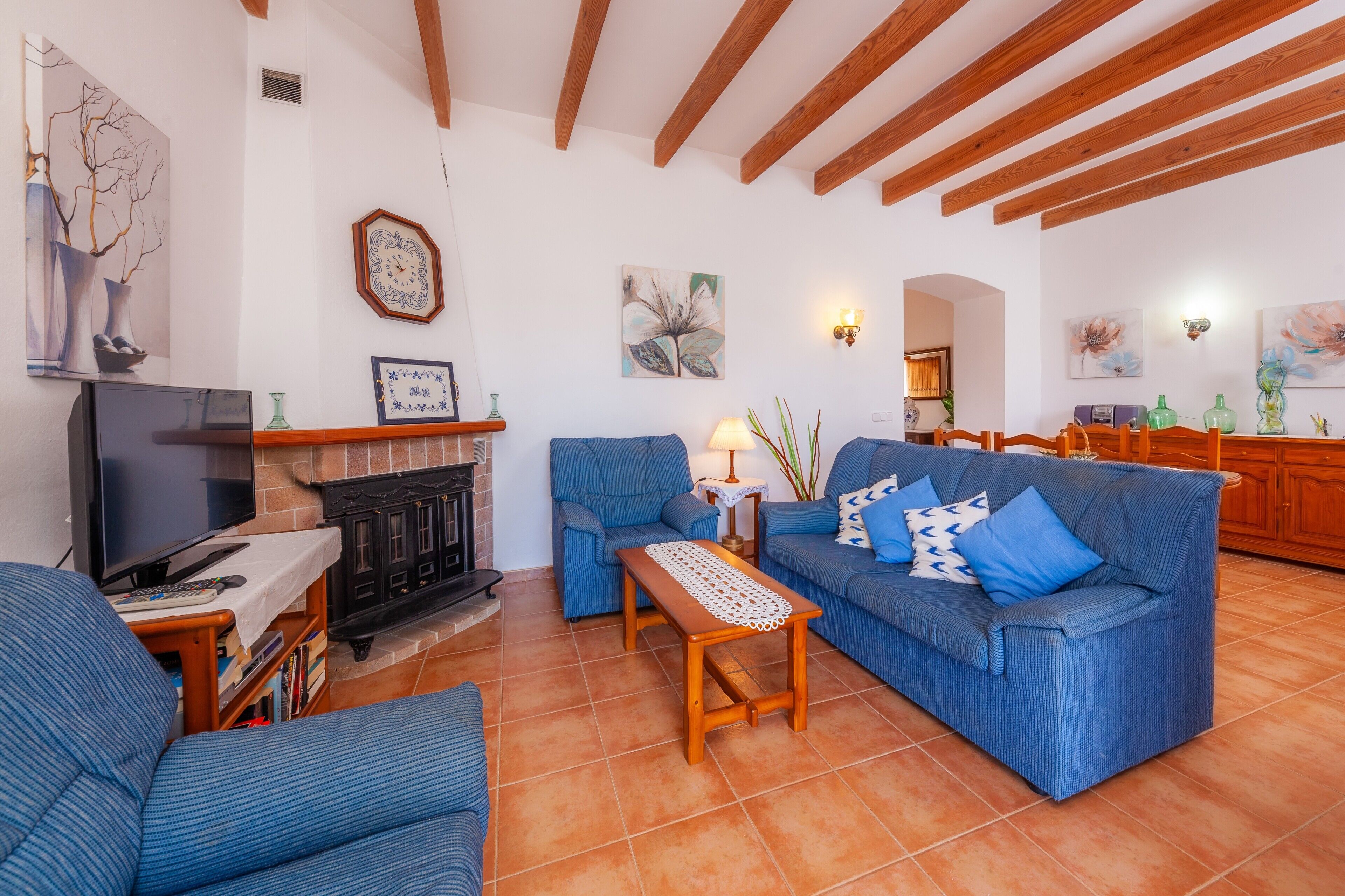 Télévision, cheminée, lecteur de DVD, chaîne hi-fi