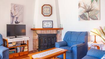 Tv, eldstad, dvd-spelare och en stereo