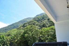 Vista de una montaña boscosa verde y exuberante desde un balcón.