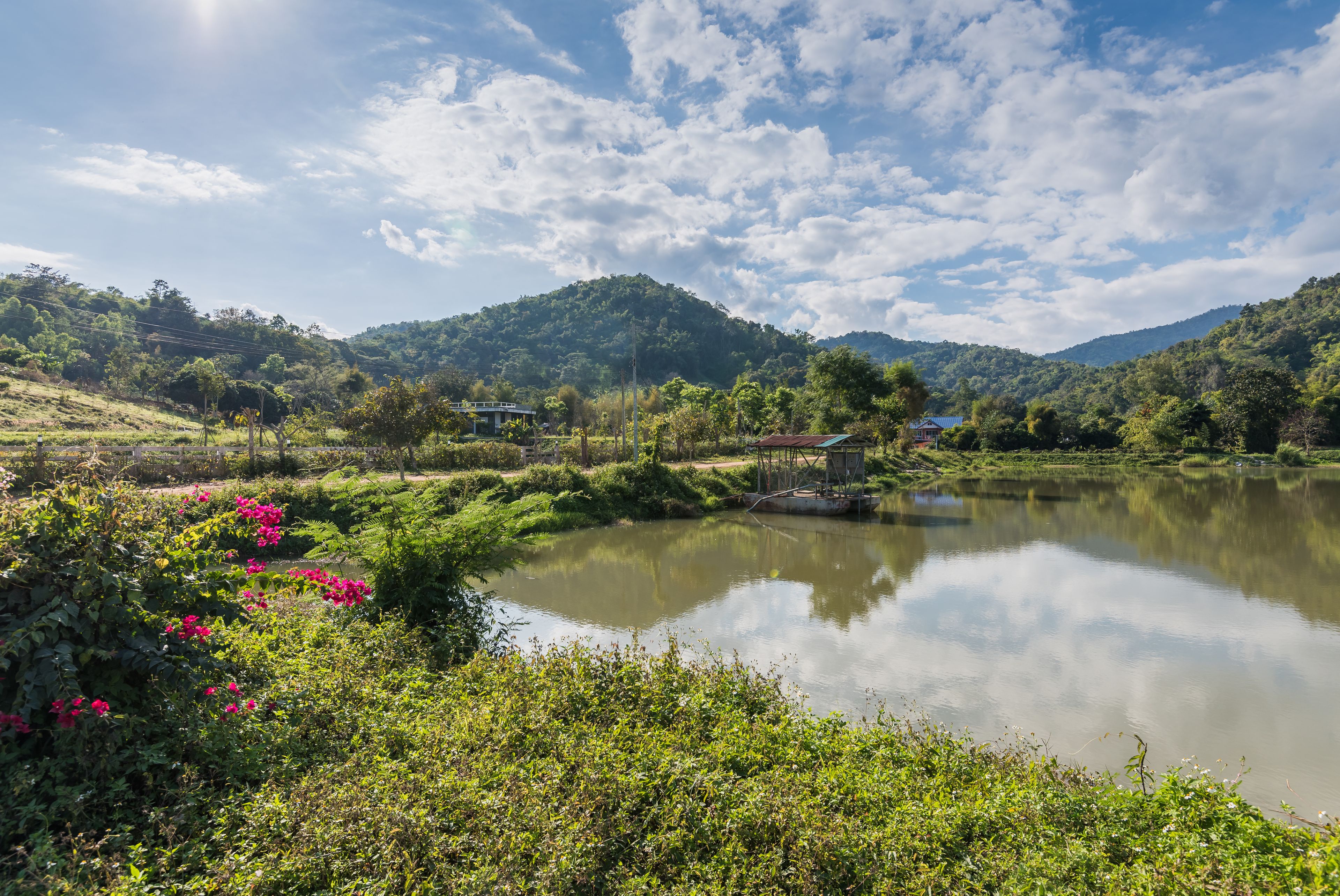 A serene lakeside landscape with lush greenery, a small bridge, and distant hills.