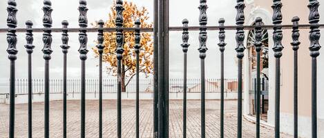 A wrought iron gate with a tree in the background.