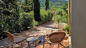 Eine Terrasse im Freien mit Korbmöbeln und einer Holzterrasse, mit Blick auf eine üppige Landschaft aus Bäumen und Hügeln.