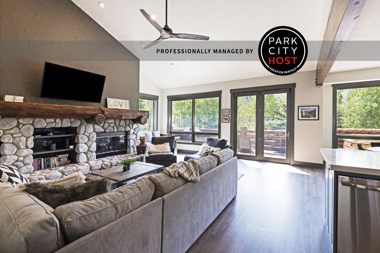 Smart TV, chimenea y estéreo 