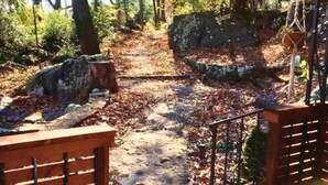 A forested area with a dirt path, wooden benches, and a metal gate.