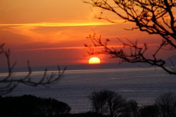 A sunset over a body of water with silhouettes of trees in the foreground. - Rental by the sea (Kerlaz)