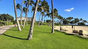 Een verzorgd gazon met palmbomen, een zandstrand en een gebouw op de achtergrond.