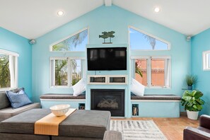 Smart TV, fireplace, books