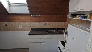 A compact kitchen with a skylight, wooden ceiling, white cabinets, a double sink, and a white refrigerator. - Apartment Bee near Bled (Zabreznica)